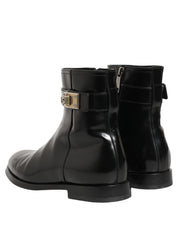 Black Leather Logo Buckle Mid Calf Boots Shoes
