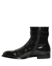 Black Leather Logo Buckle Mid Calf Boots Shoes
