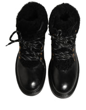 Dolce & Gabbana Black Trekking Fur Lace Leather Boots Shoes Dolce & Gabbana