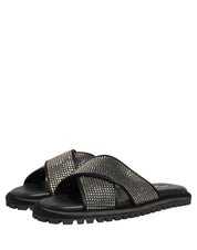Black Strass Criss Cross Slide Sandals Shoes