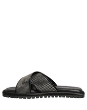 Black Strass Criss Cross Slide Sandals Shoes