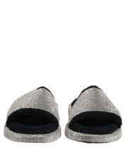 Black Crystal Embellished Platform Men Slides Shoes
