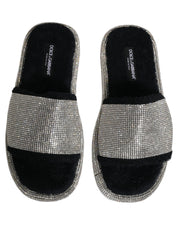 Black Crystal Embellished Platform Men Slides Shoes