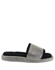 Black Crystal Embellished Platform Men Slides Shoes