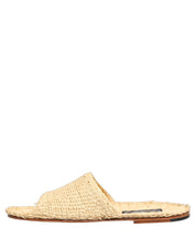 Beige Straw Raffia Slides Sandals Flats Shoes