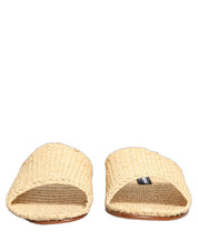 Beige Straw Raffia Slides Sandals Flats Shoes