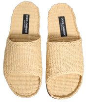 Beige Straw Raffia Slides Sandals Flats Shoes