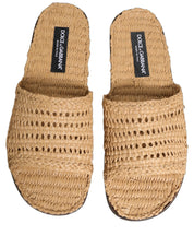 Beige Straw Raffia Slides Sandals Flats Shoes
