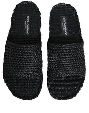Black Straw Raffia Slides Sandals Flats Shoes