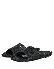 Black Straw Raffia Slides Sandals Flats Shoes