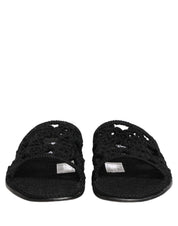 Black Fabric Woven Slides Sandals Flats Shoes