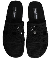 Black Fabric Woven Slides Sandals Flats Shoes