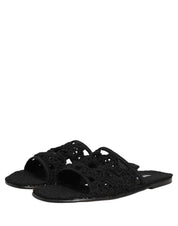 Black Fabric Woven Slides Sandals Flats Shoes
