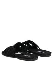Black Fabric Woven Slides Sandals Flats Shoes
