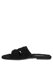 Black Fabric Woven Slides Sandals Flats Shoes