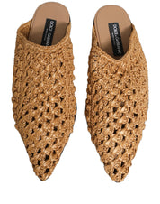 Beige Woven Straw Slides Sandals Flats Shoes