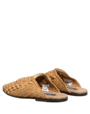 Beige Woven Straw Slides Sandals Flats Shoes