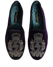 Purple Velvet Crown Embroidery Loafers Shoes