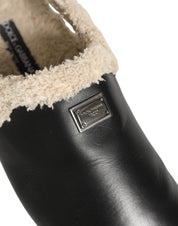 Beige Black Fur Shearling Slides Sandals Shoes