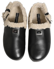Beige Black Fur Shearling Slides Sandals Shoes