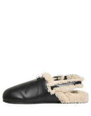 Beige Black Fur Shearling Slides Sandals Shoes
