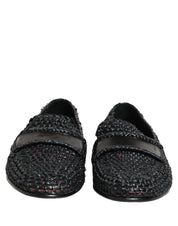 Black Woven Raffia Slip On Loafers Shoes