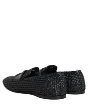 Black Woven Raffia Slip On Loafers Shoes