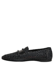 Black Woven Raffia Slip On Loafers Shoes