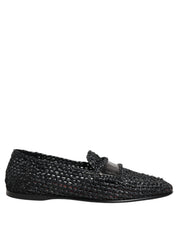 Black Woven Raffia Slip On Loafers Shoes