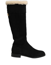 Black Suede Leather Knee High Boots Shoes