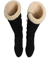 Black Suede Leather Knee High Boots Shoes