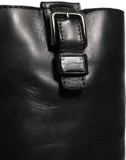 Black Leather Buckle Detail Mid Calf Boots Shoes