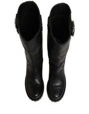 Black Leather Buckle Detail Mid Calf Boots Shoes