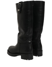 Black Leather Buckle Detail Mid Calf Boots Shoes
