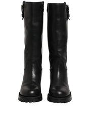 Black Leather Buckle Detail Mid Calf Boots Shoes