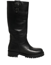 Black Leather Buckle Detail Mid Calf Boots Shoes