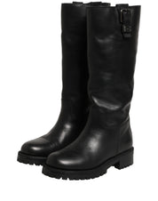 Black Leather Buckle Detail Mid Calf Boots Shoes