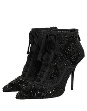 Black Embellished Mesh Ankle Boots Shoes
