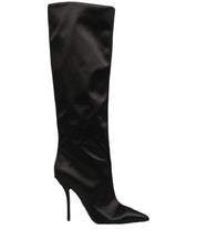 Black Satin Knee High Stiletto Boots Shoes