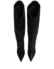 Black Satin Knee High Stiletto Boots Shoes