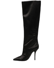 Black Satin Knee High Stiletto Boots Shoes