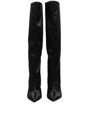Black Satin Knee High Stiletto Boots Shoes