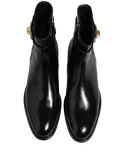 Black Leather Logo Buckle Mid Calf Boots Shoes