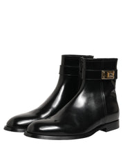 Black Leather Logo Buckle Mid Calf Boots Shoes