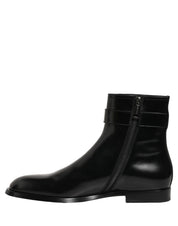 Black Leather Logo Buckle Mid Calf Boots Shoes