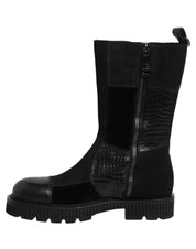 Black Patchwork Leather Mid Calf Boots Shoes