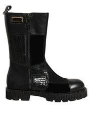 Dolce & Gabbana Black Patchwork Leather Mid Calf Boots Shoes