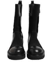 Black Patchwork Leather Mid Calf Boots Shoes