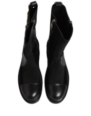 Black Patchwork Leather Mid Calf Boots Shoes