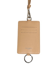 Beige Leather Logo Embossed Lanyard Card Holder Wallet